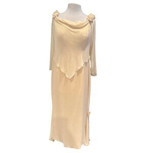 Elegant Scaravelli Vintage Cream Chiffon Gown With Floral Accents & Sheer Overla